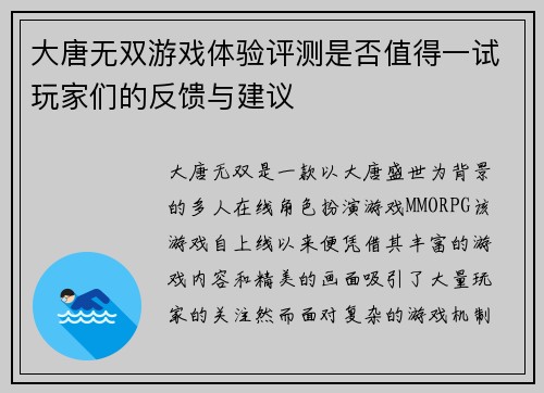 大唐无双游戏体验评测是否值得一试玩家们的反馈与建议
